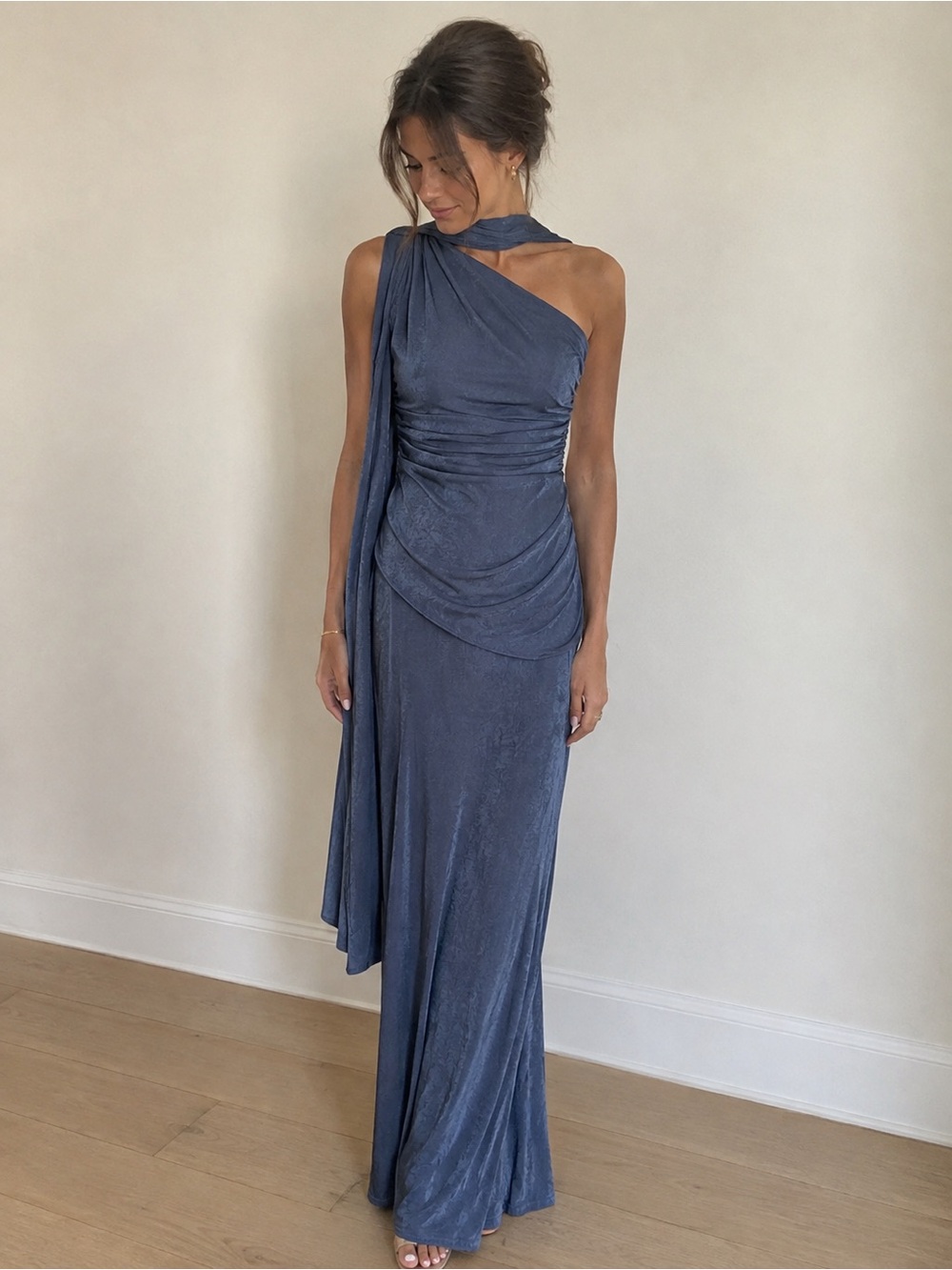 TOJHA Malika Scarf Ruched Evening Gown Slate Blue US 4